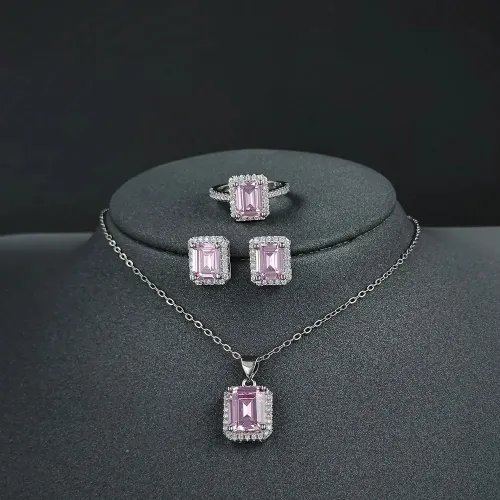 Shiny Pink Stone Earring Necklace Ring Set 4 Pcs